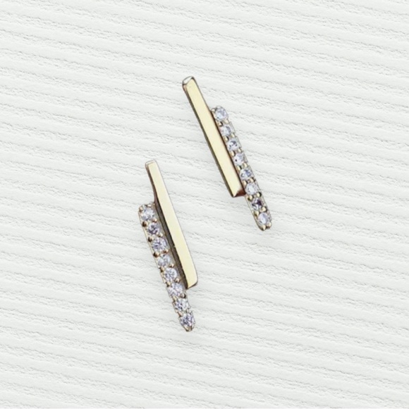 Jewelry - NEW Gold-Plated 925 Sterling Silver Asymmetrical CZ Bar Studs Inspired Style